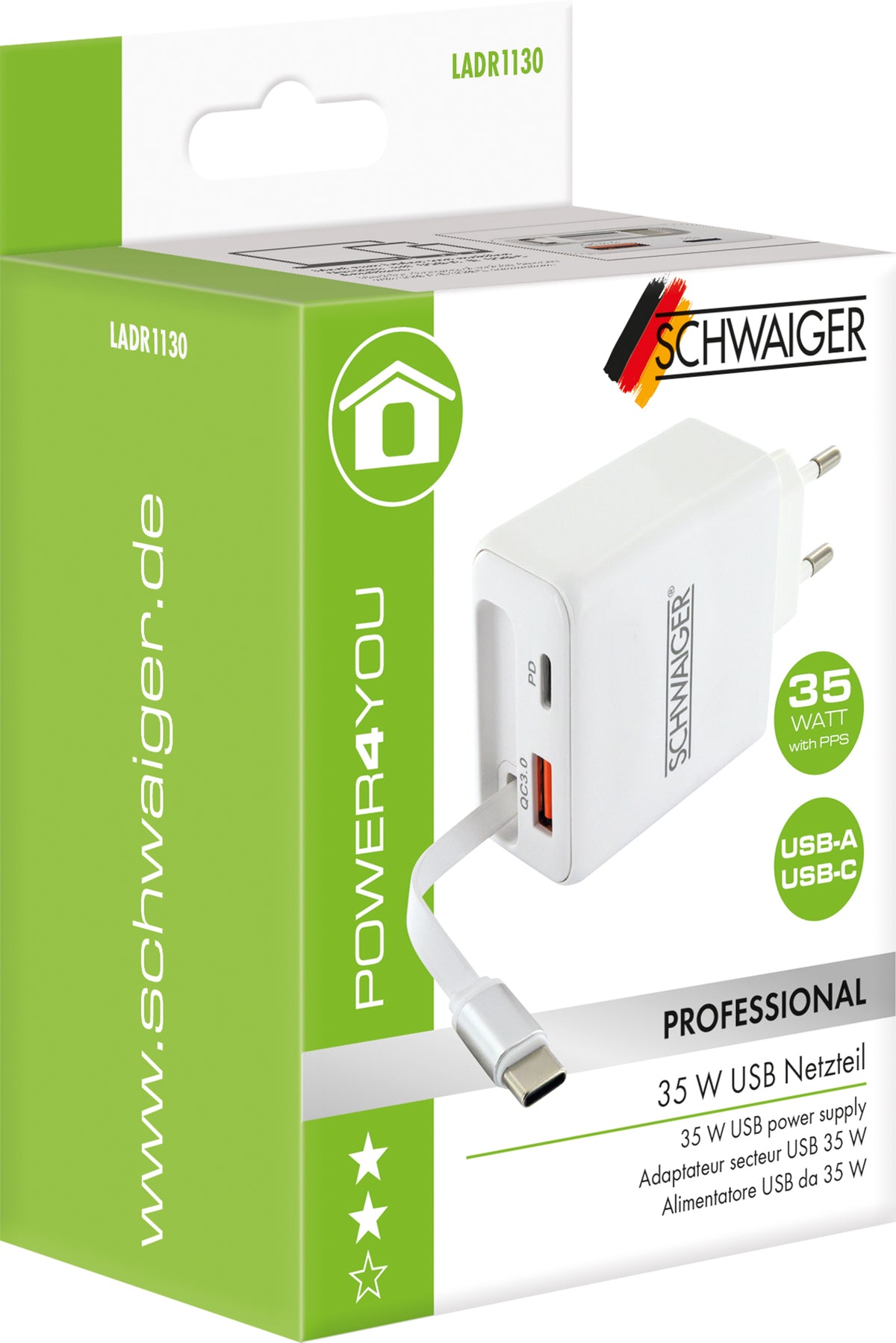 Ladeadapter 30W USB A+C mit ausziehbarem Kabel