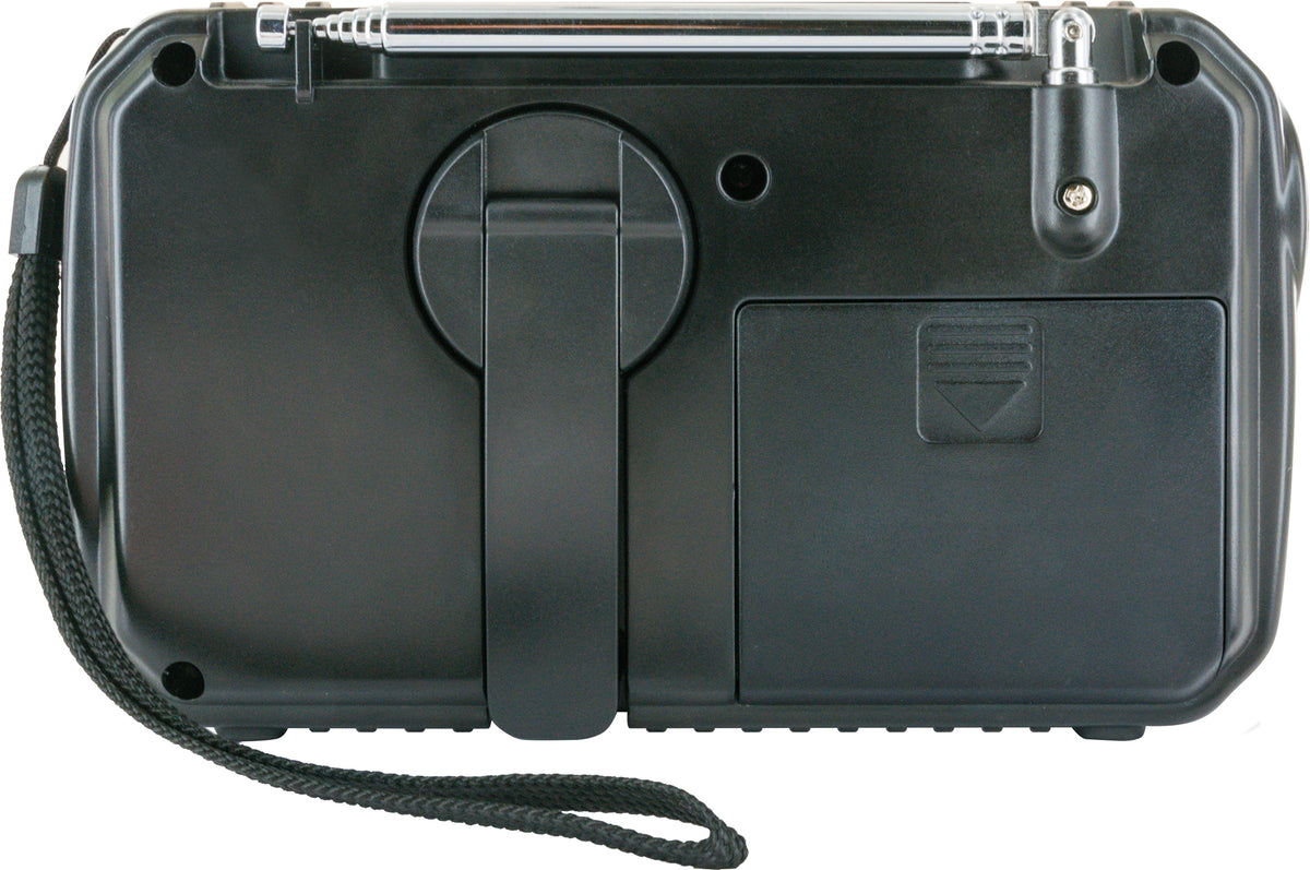 FM outdoor radio with solar panel, flashlight & power bank function