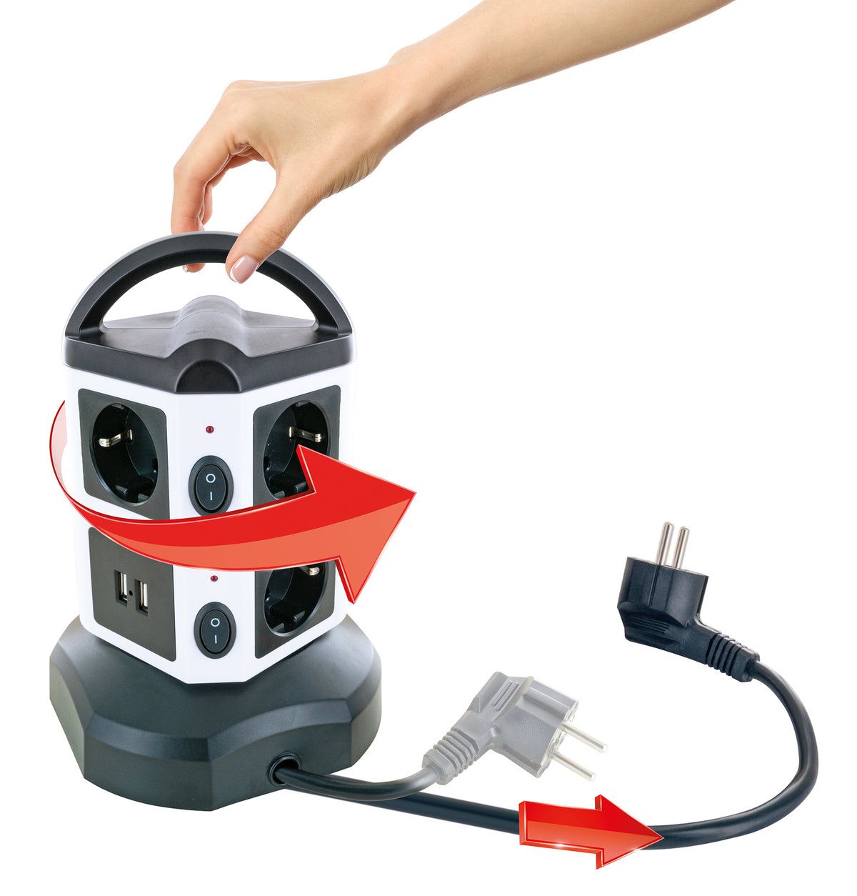 Socket tower 7-way 2 USB-A ports cable extendable rotatable