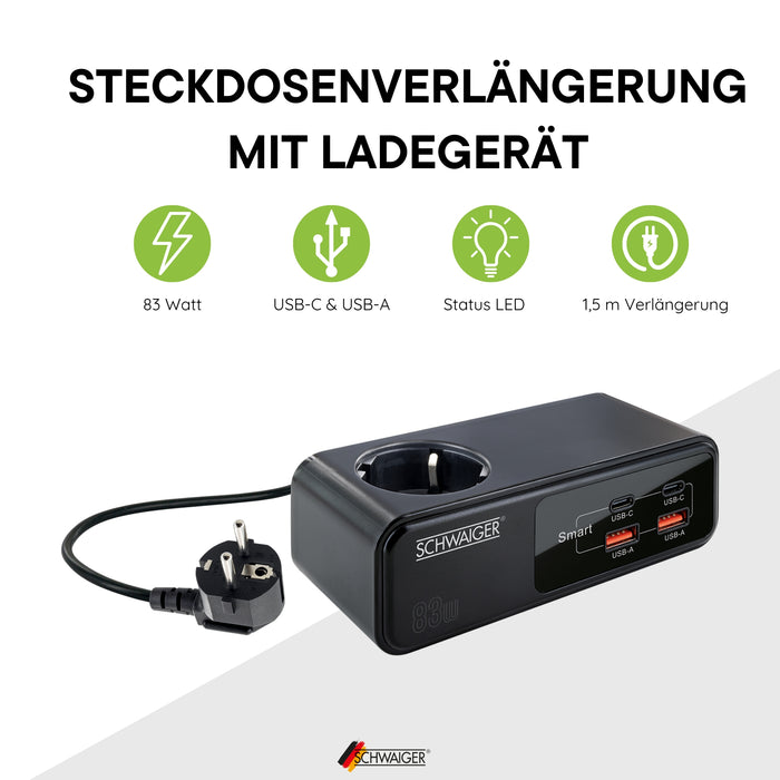 Steckdosenverlängerung mit Ladegerät USB-C & USB-A 83W