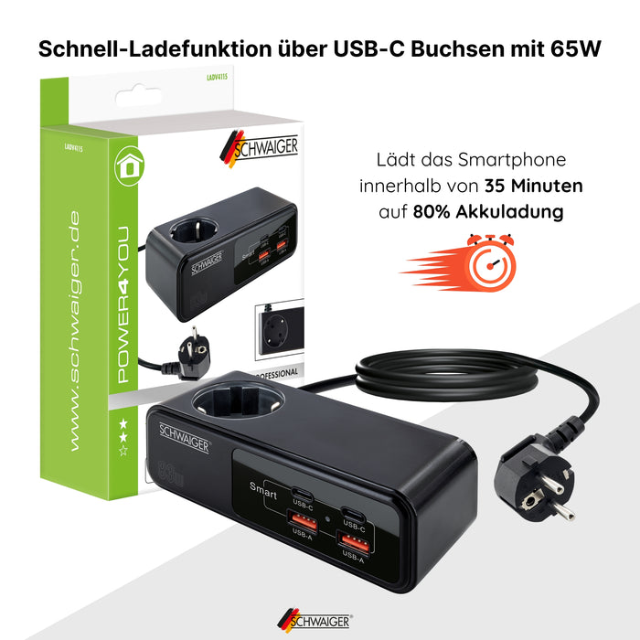 Steckdosenverlängerung mit Ladegerät USB-C & USB-A 83W