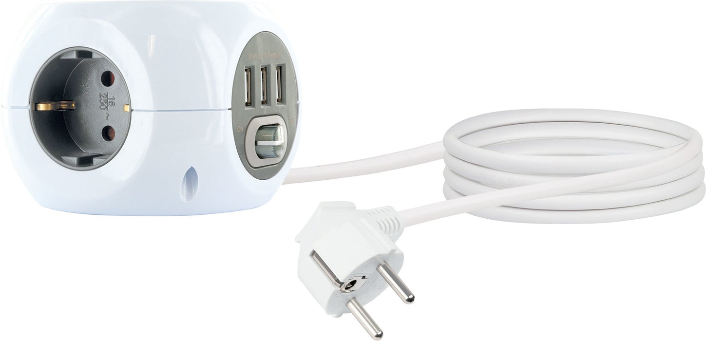 SCHWAIGER Steckdosenwürfel 3fach Mit 3x USB – Ein-/Ausschalter, Weiß Steckdosenwürfel USB