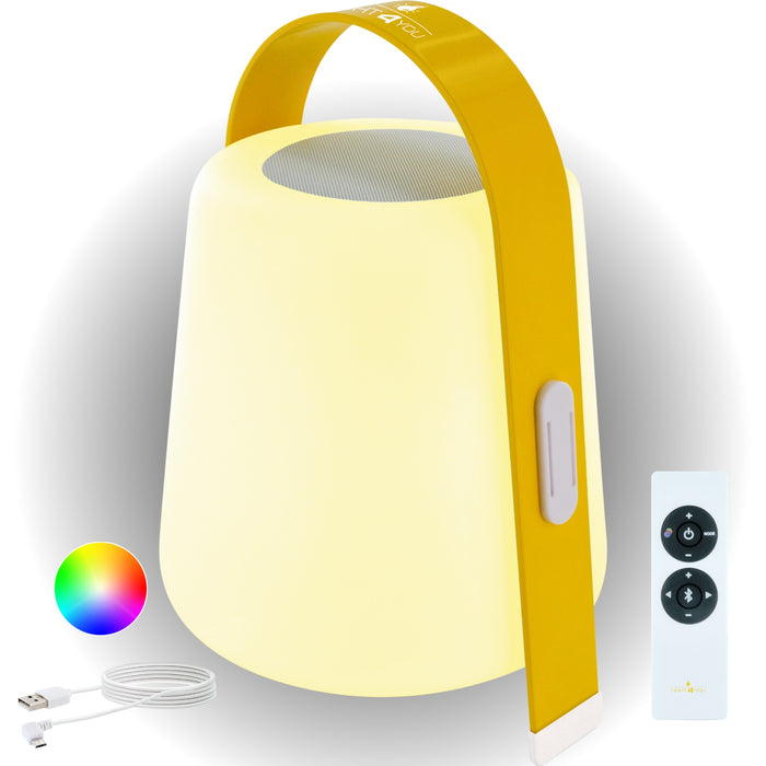 Lautsprecher Tischleuchte mit gelbem Henkel