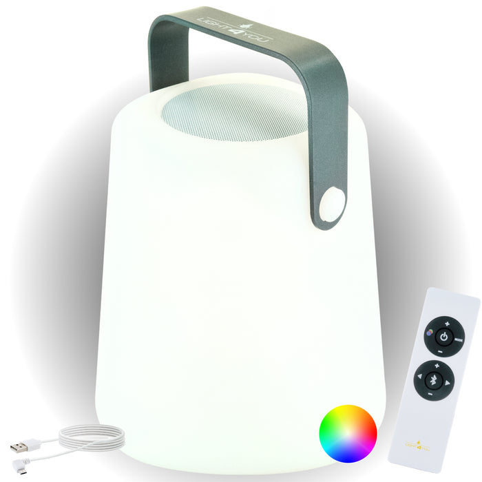 Lautsprecher Tischleuchte mit grauem Henkel