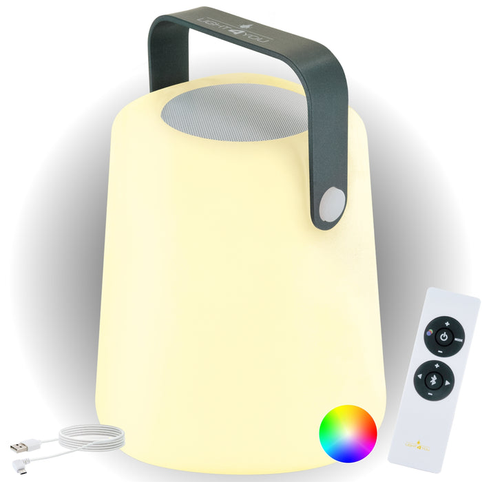 Lautsprecher Tischleuchte mit grauem Henkel