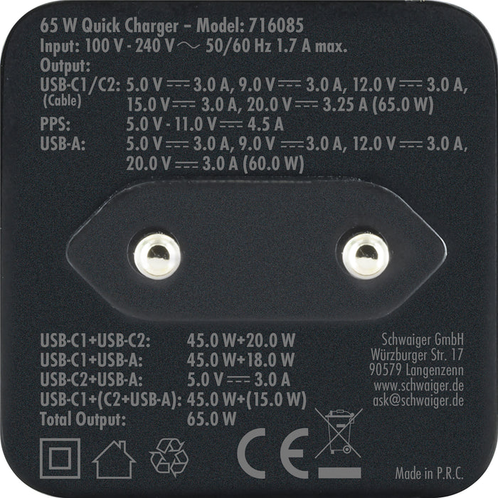 Fast charger with retractable cable 65W