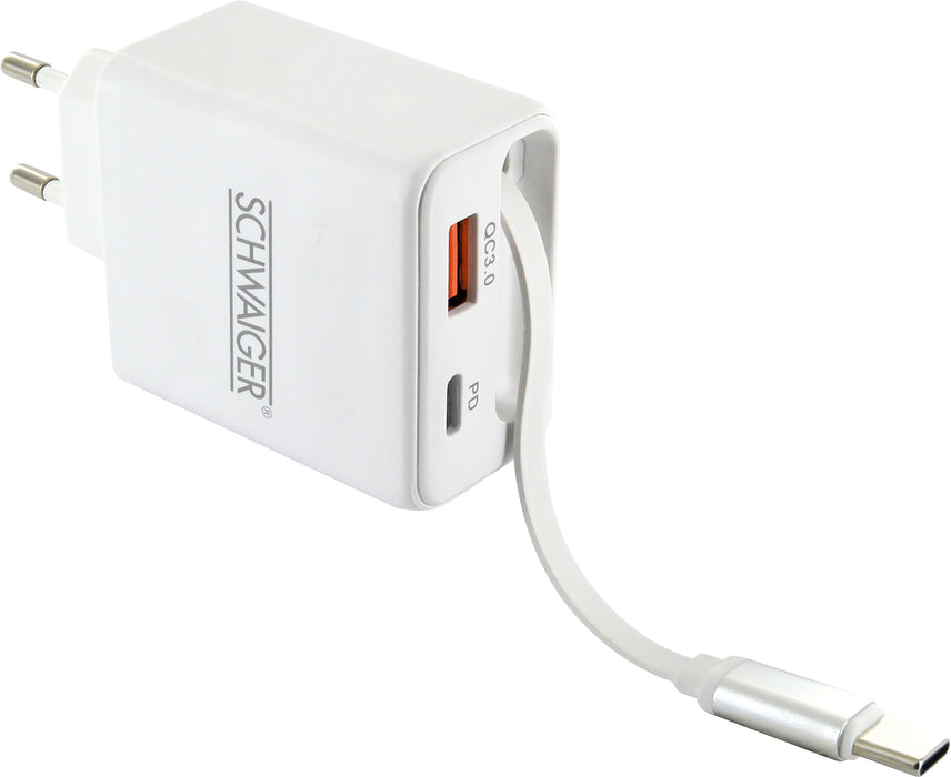 Ladeadapter 30W USB A+C mit ausziehbarem Kabel