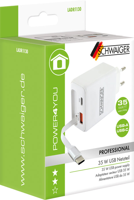 Ladeadapter 30W USB A+C mit ausziehbarem Kabel