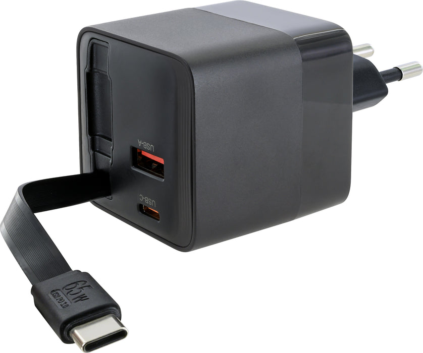 Fast charger with retractable cable 65W