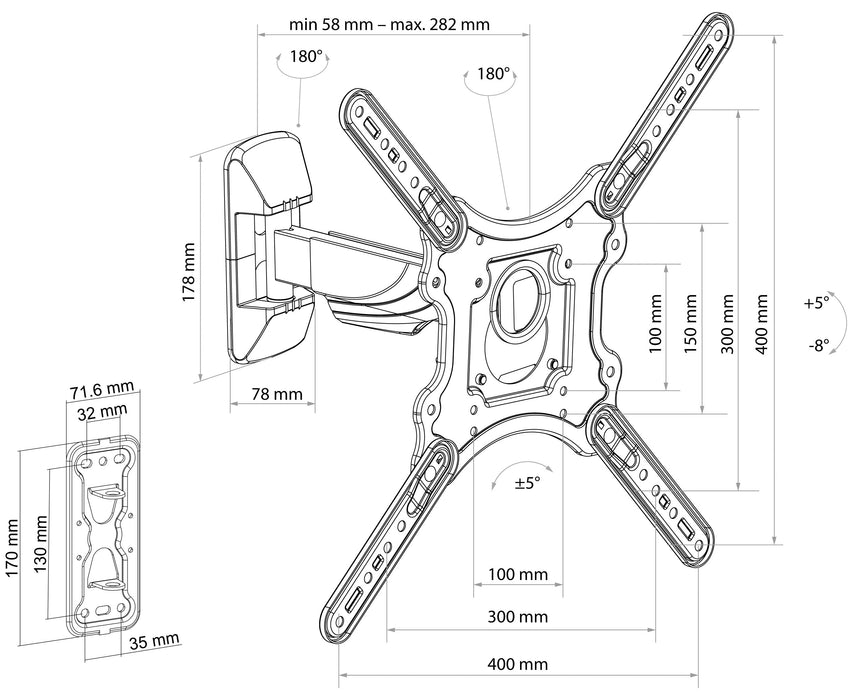 TV wall mount "MOTION 3", tilt, swivel, rotate, up to 35kg / 75" (VESA 400x400)