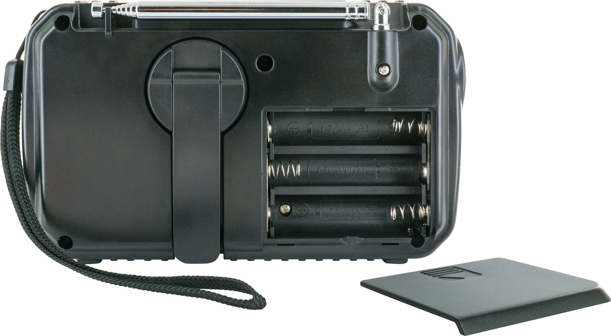 FM outdoor radio with solar panel, flashlight & power bank function