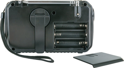 FM outdoor radio with solar panel, flashlight & power bank function