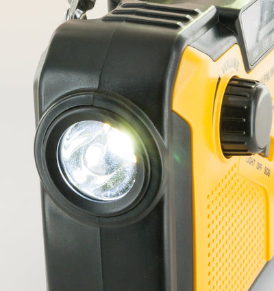 FM outdoor radio with solar panel, flashlight & power bank function