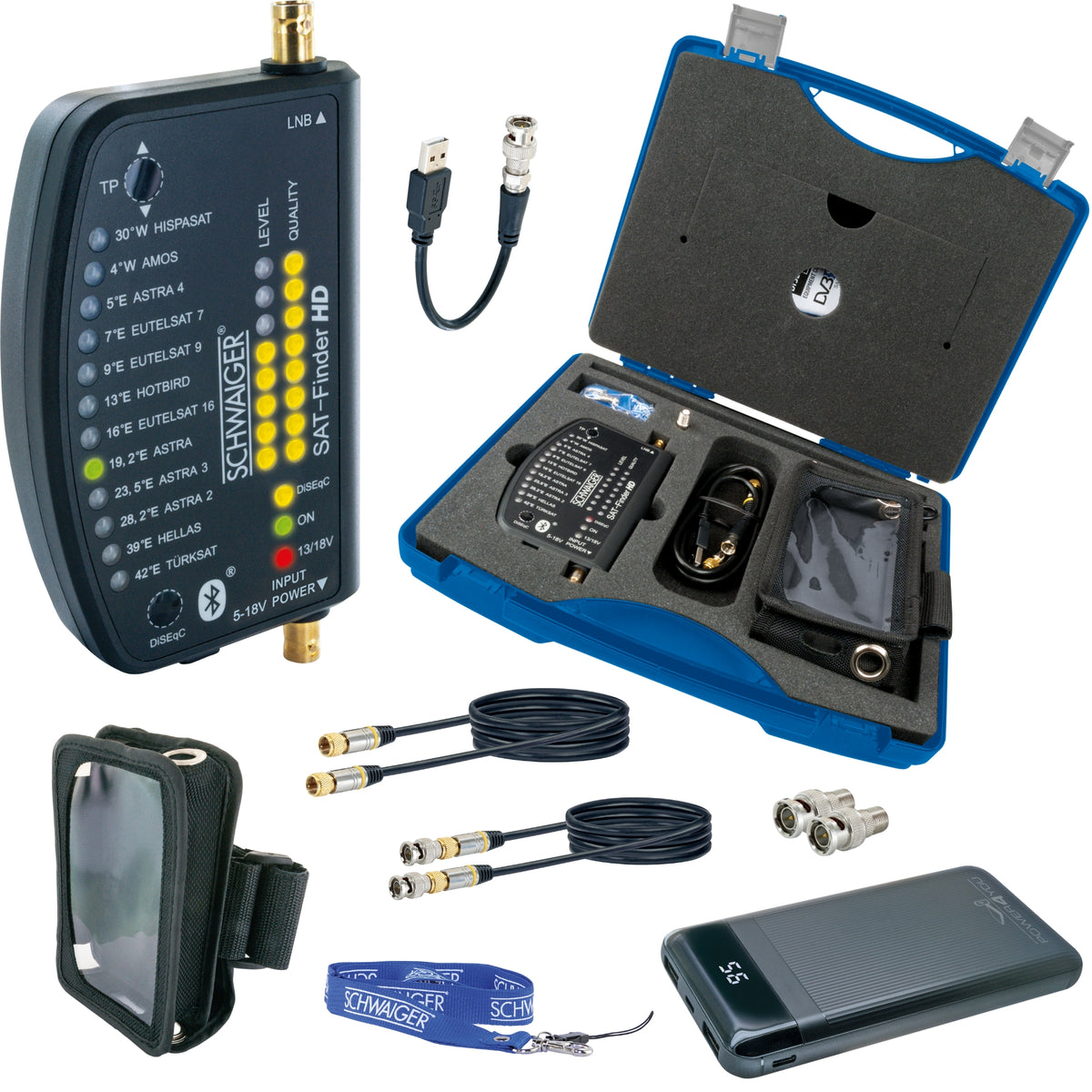 SCHWAIGER Sat Finder HD + Powerbank - Pointeur Satellite Numérique 950-2150 MHz