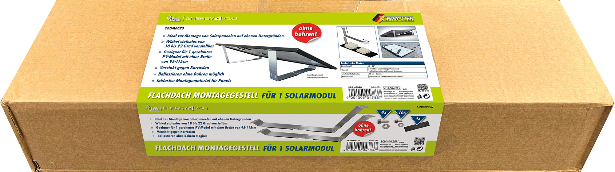 Flachdach-Halterung für Solarmodule mit einstellbarem Winkel