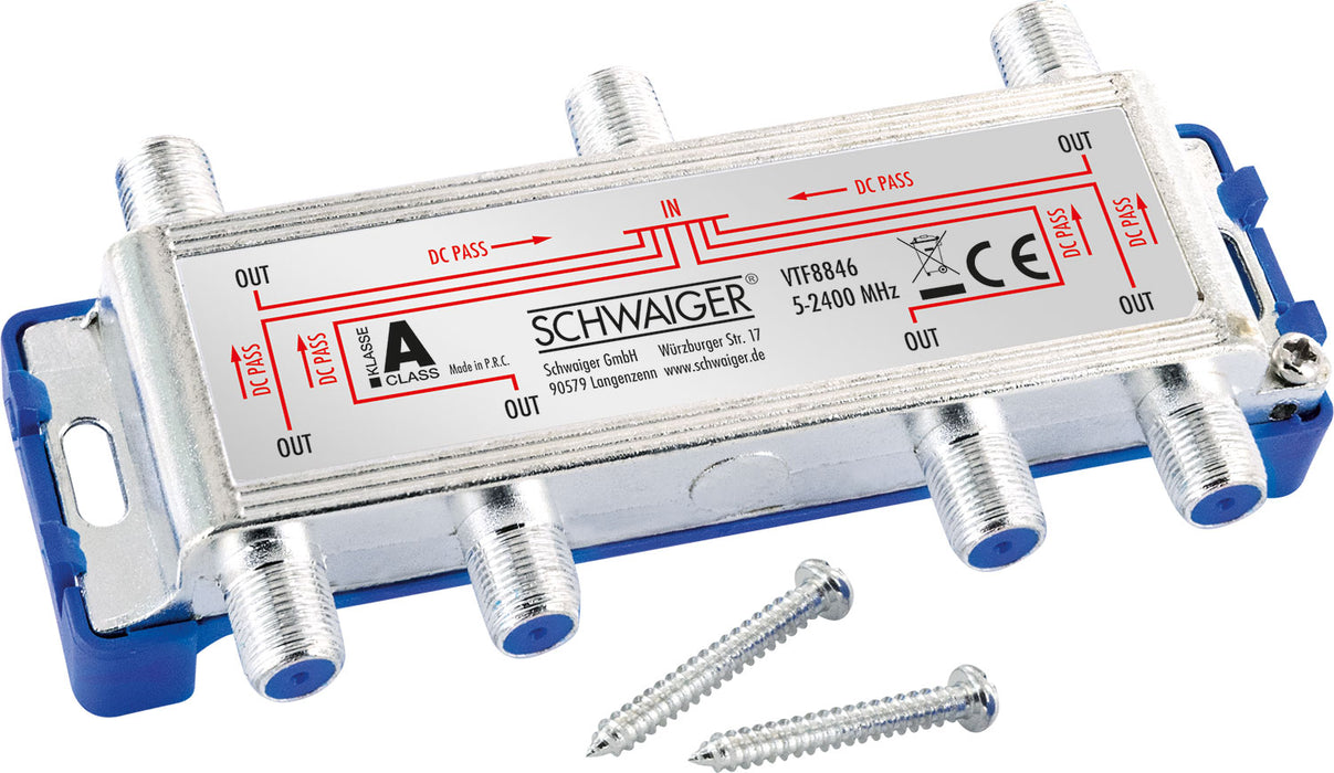 Schwaiger Verteiler 6-fach für SAT-, Antennen- und Kabelanlagen 14 dB