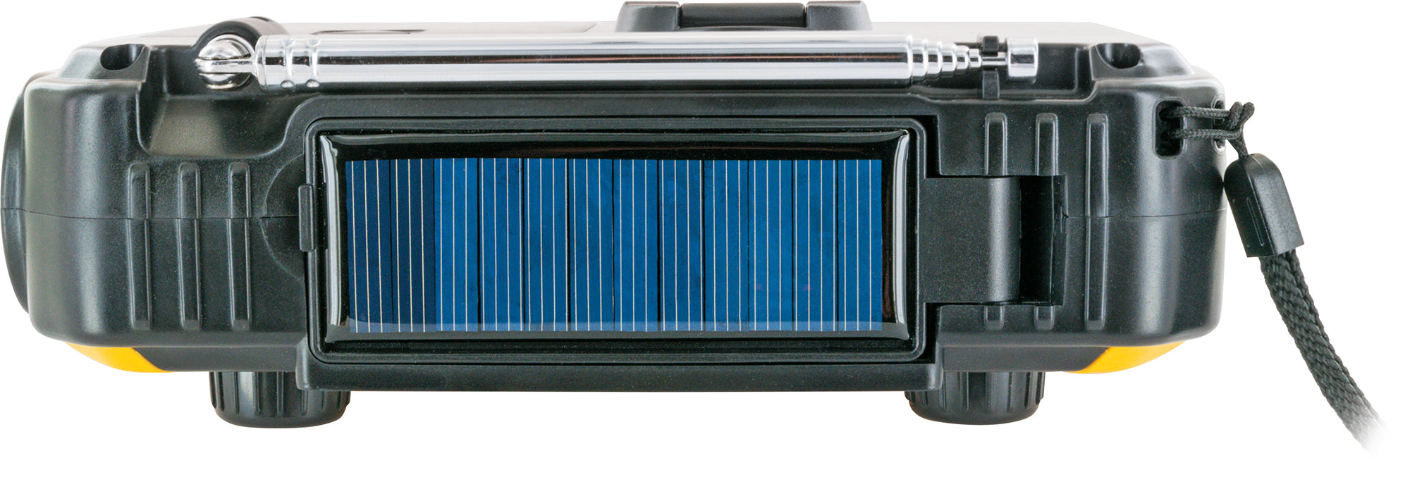 FM outdoor radio with solar panel, flashlight & power bank function